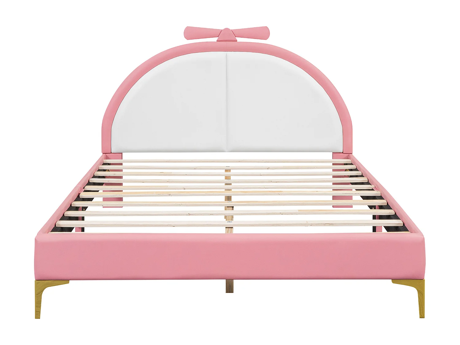 Lit enfant 140x200cm, lit double plat rembourré avec sommier à lattes et tête de lit confortable, en cuir PU, rose