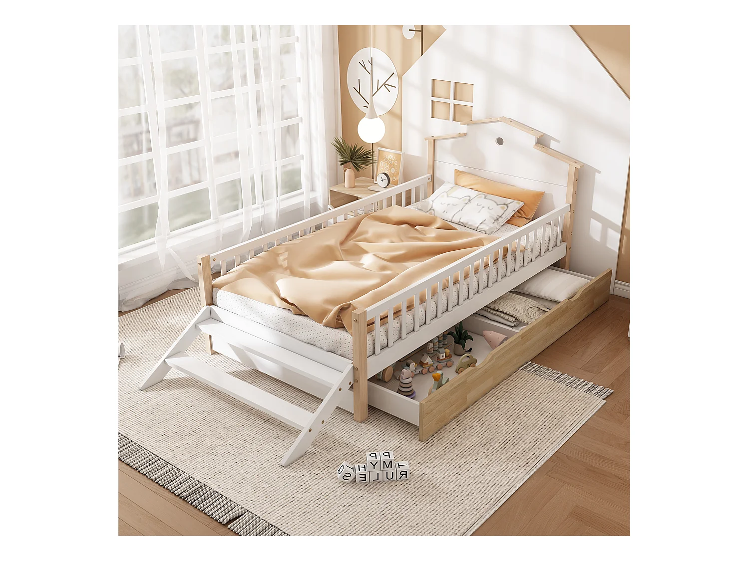 Lit enfant, lit bébé 90x200 cm, pin + MDF, avec 2 tiroirs et marches latérales, avec sommier à lattes et tête de lit, blanc