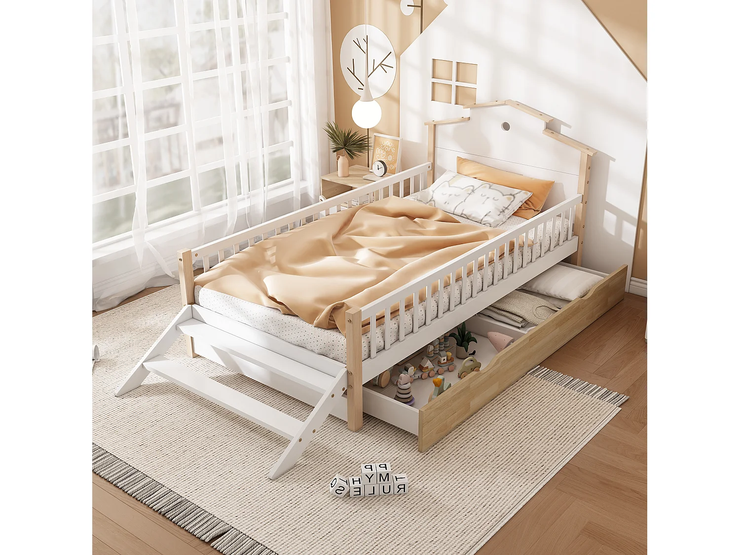 Kinderbed, babybed 90x200 cm, grenen + MDF, met 2 lades en zijtrapjes, met lattenbodem en hoofdbord, wit