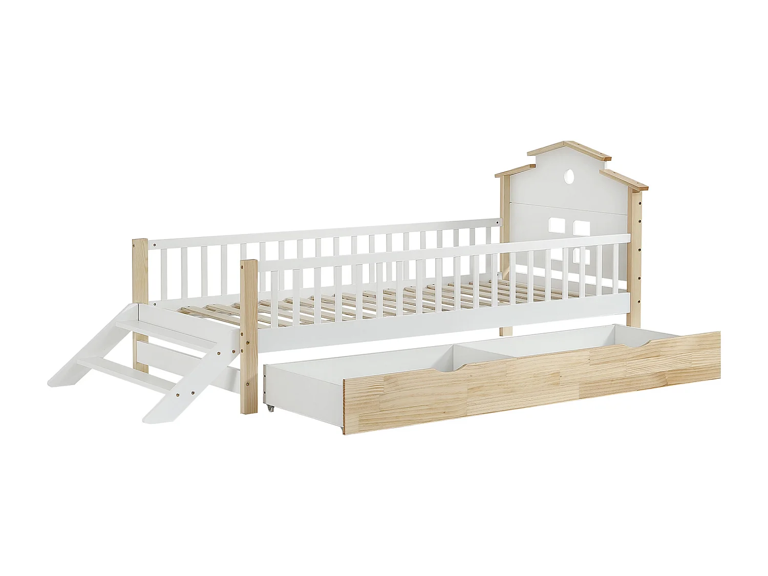 Kinderbed, babybed 90x200 cm, grenen + MDF, met 2 lades en zijtrapjes, met lattenbodem en hoofdbord, wit