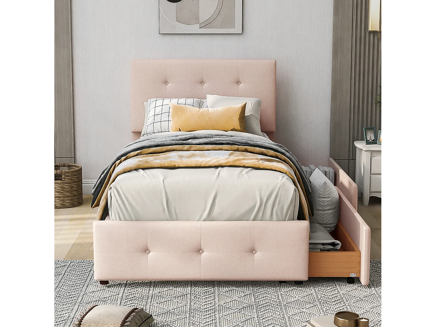 Lit capitonne 90 x 200 cm - avec 2 tiroirs, sommier à lattes et tête de lit relevable, tissu velours, style scandinave - Naturel foncé