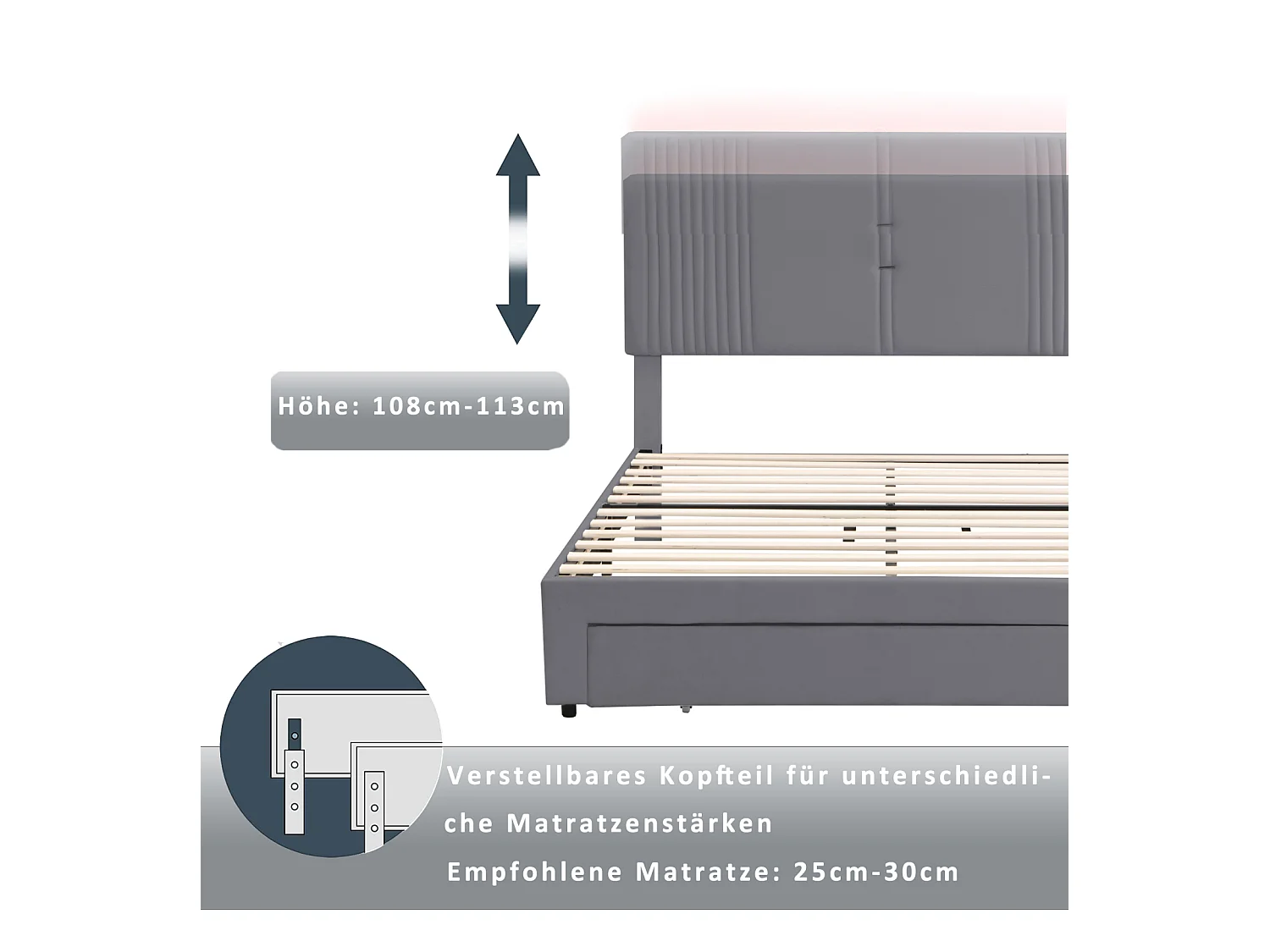 Lit adulte double capitonné, en tissu velours, avec 1 grand tiroir, sommier à lattes, tête de lit avec barre lumineuse et prise USB, gris 140x200cm