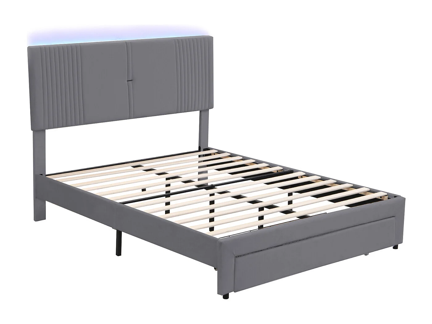 Lit adulte double capitonné, en tissu velours, avec 1 grand tiroir, sommier à lattes, tête de lit avec barre lumineuse et prise USB, gris 140x200cm