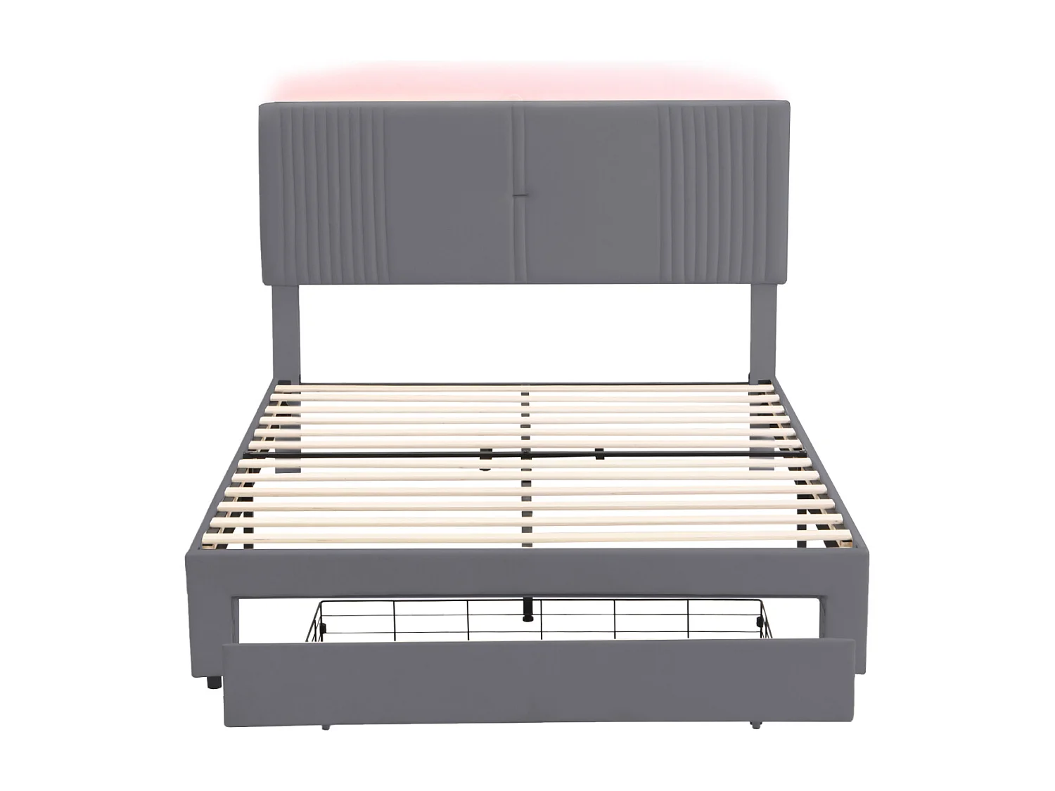 Lit adulte double capitonné, en tissu velours, avec 1 grand tiroir, sommier à lattes, tête de lit avec barre lumineuse et prise USB, gris 140x200cm