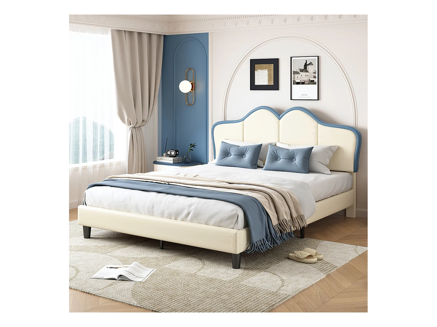 Gestoffeerd bed/Gewatteerd bed, kinderbed, eenpersoonsbed, tienerbed 140x200cm met lattenbodem, stabiele poten, PU, wit+blauw