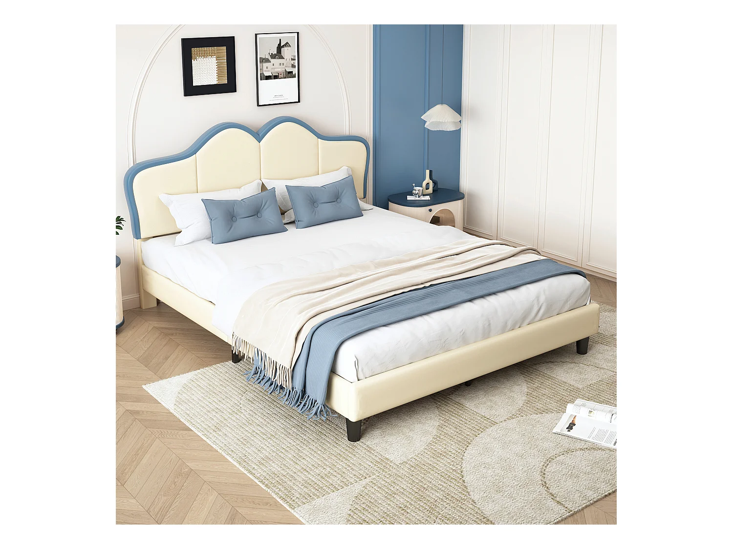 Gestoffeerd bed/Gewatteerd bed, kinderbed, eenpersoonsbed, tienerbed 140x200cm met lattenbodem, stabiele poten, PU, wit+blauw