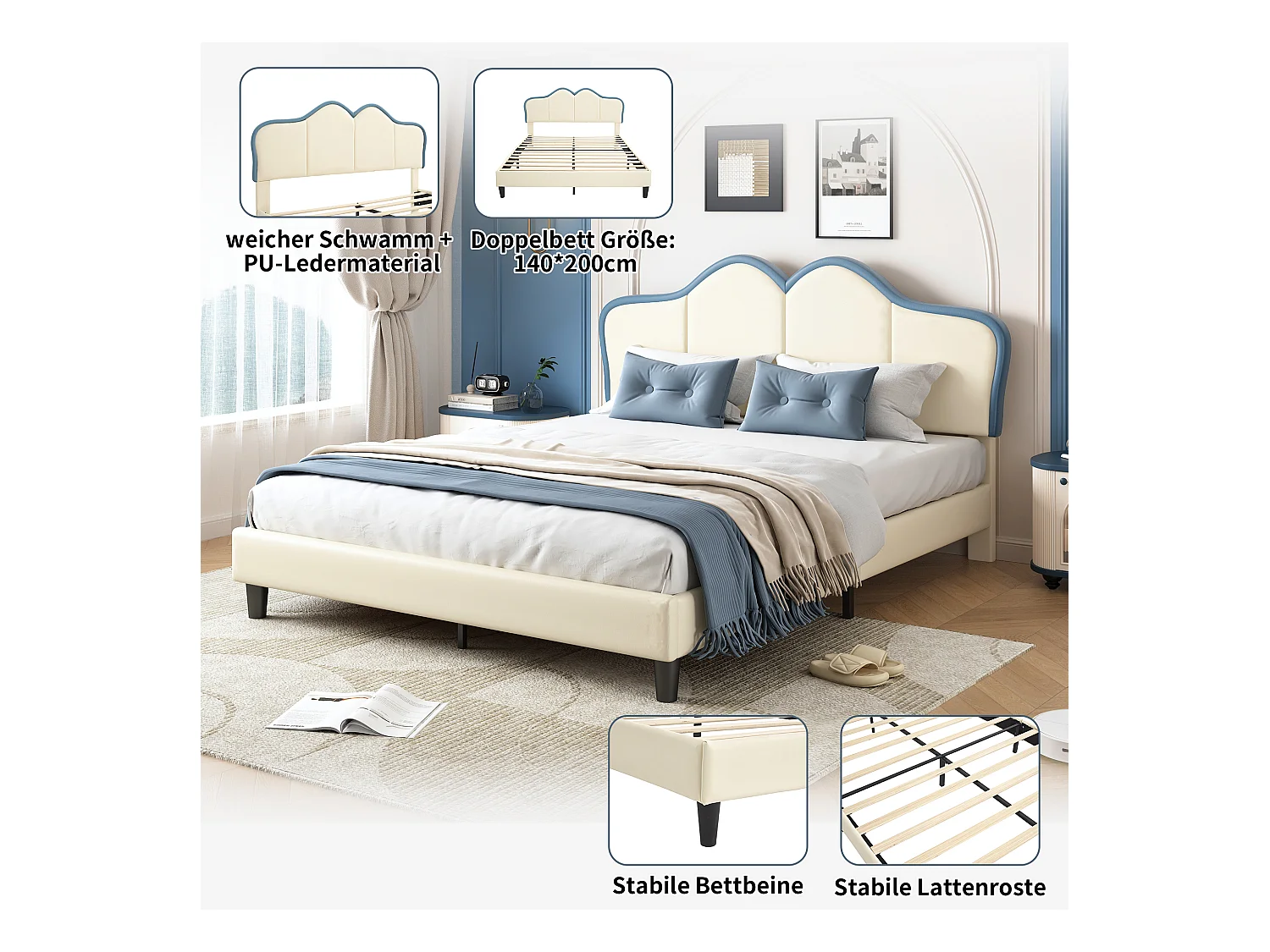 Gestoffeerd bed/Gewatteerd bed, kinderbed, eenpersoonsbed, tienerbed 140x200cm met lattenbodem, stabiele poten, PU, wit+blauw