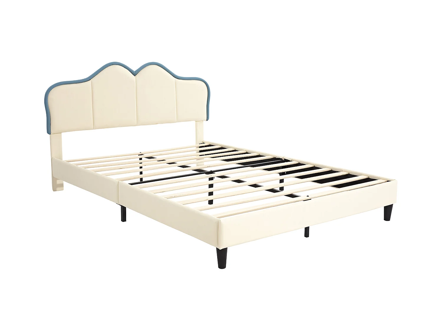 Gestoffeerd bed/Kinderbed, Eenpersoonsbed, Tienerbed 140x200cm met latten hoofdbord, stabiele poten, PU, wit+blauw