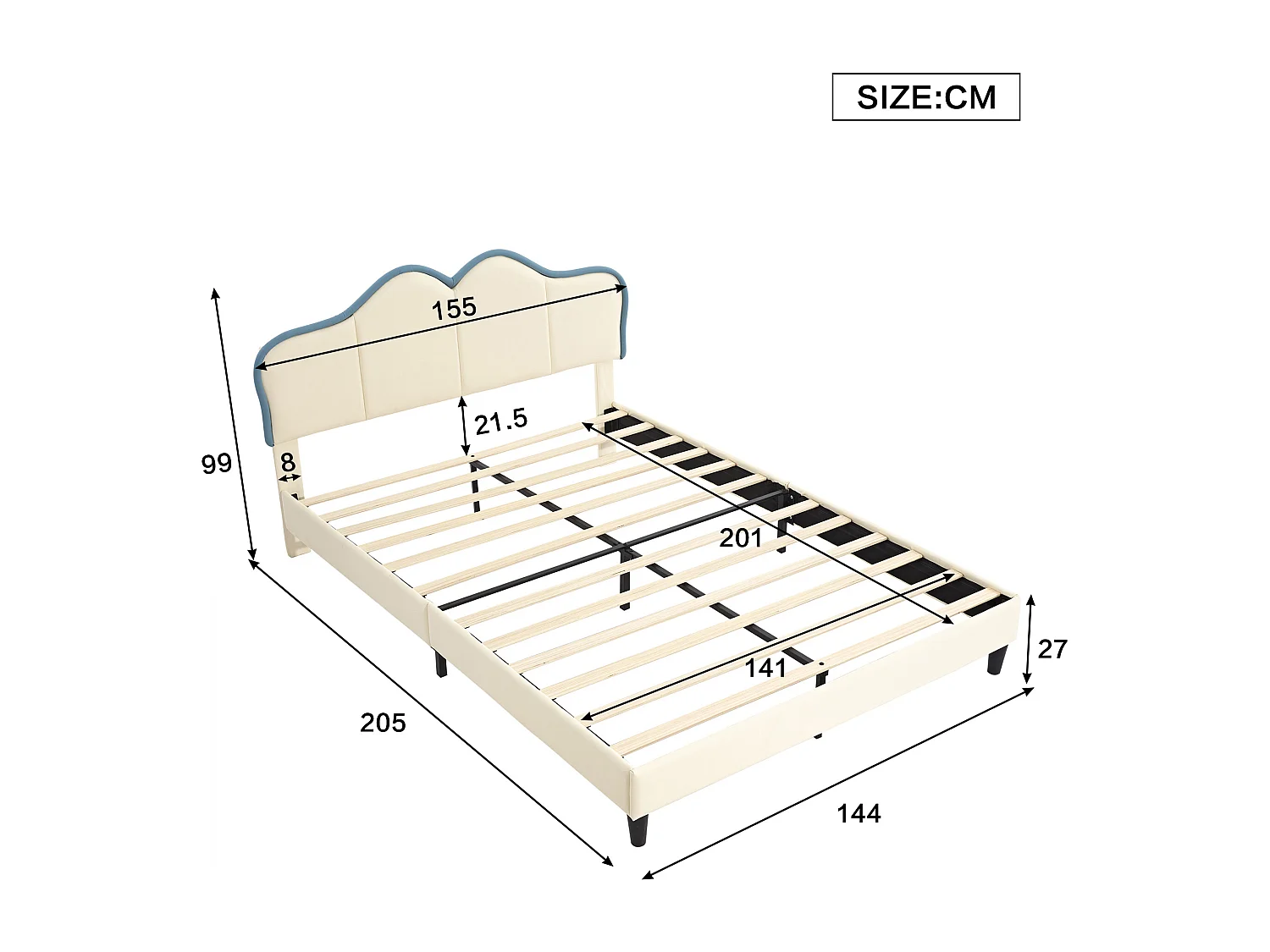 Gestoffeerd bed/Gewatteerd bed, kinderbed, eenpersoonsbed, tienerbed 140x200cm met lattenbodem, stabiele poten, PU, wit+blauw
