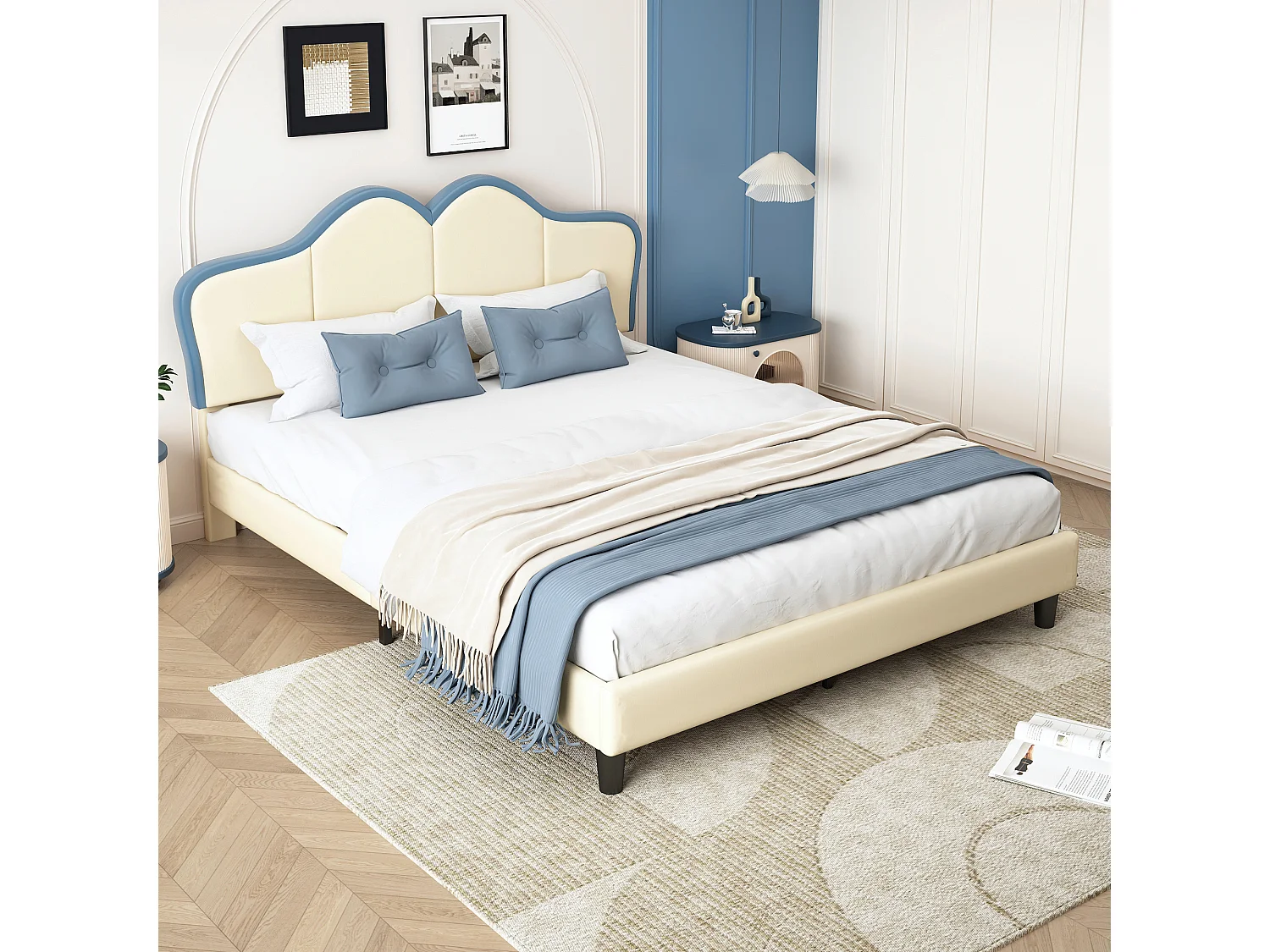 Gestoffeerd bed/Gewatteerd bed, kinderbed, eenpersoonsbed, tienerbed 140x200cm met lattenbodem, stabiele poten, PU, wit+blauw