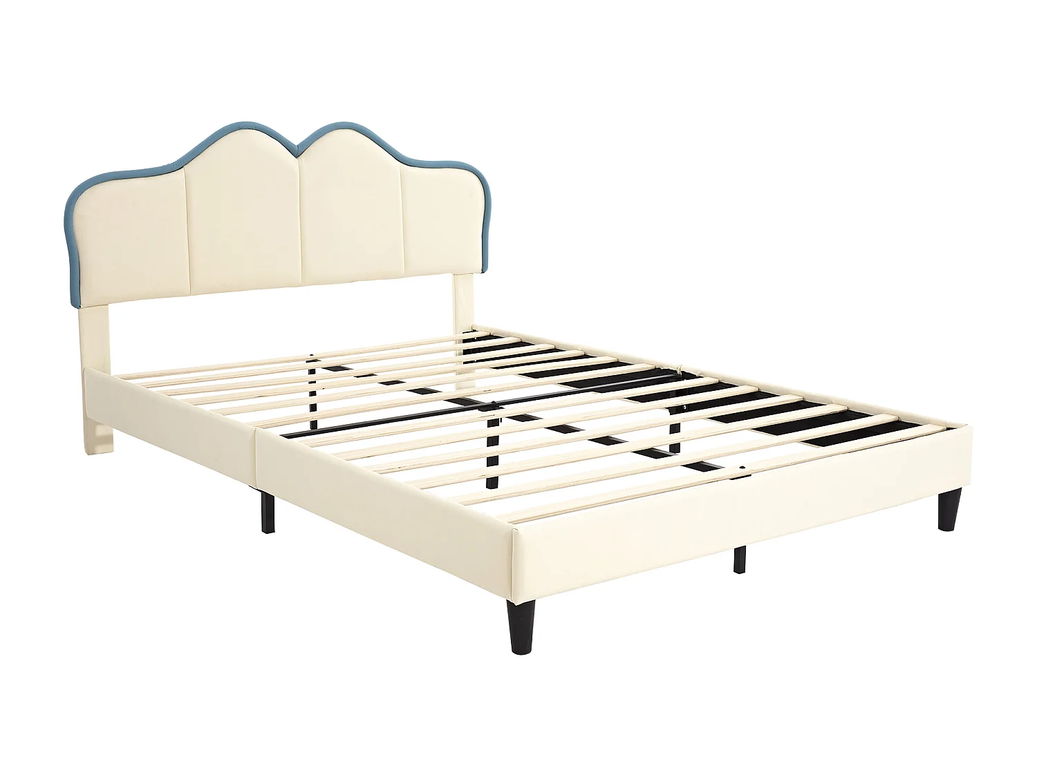 Gestoffeerd bed/Gewatteerd bed, kinderbed, eenpersoonsbed, tienerbed 140x200cm met lattenbodem, stabiele poten, PU, wit+blauw