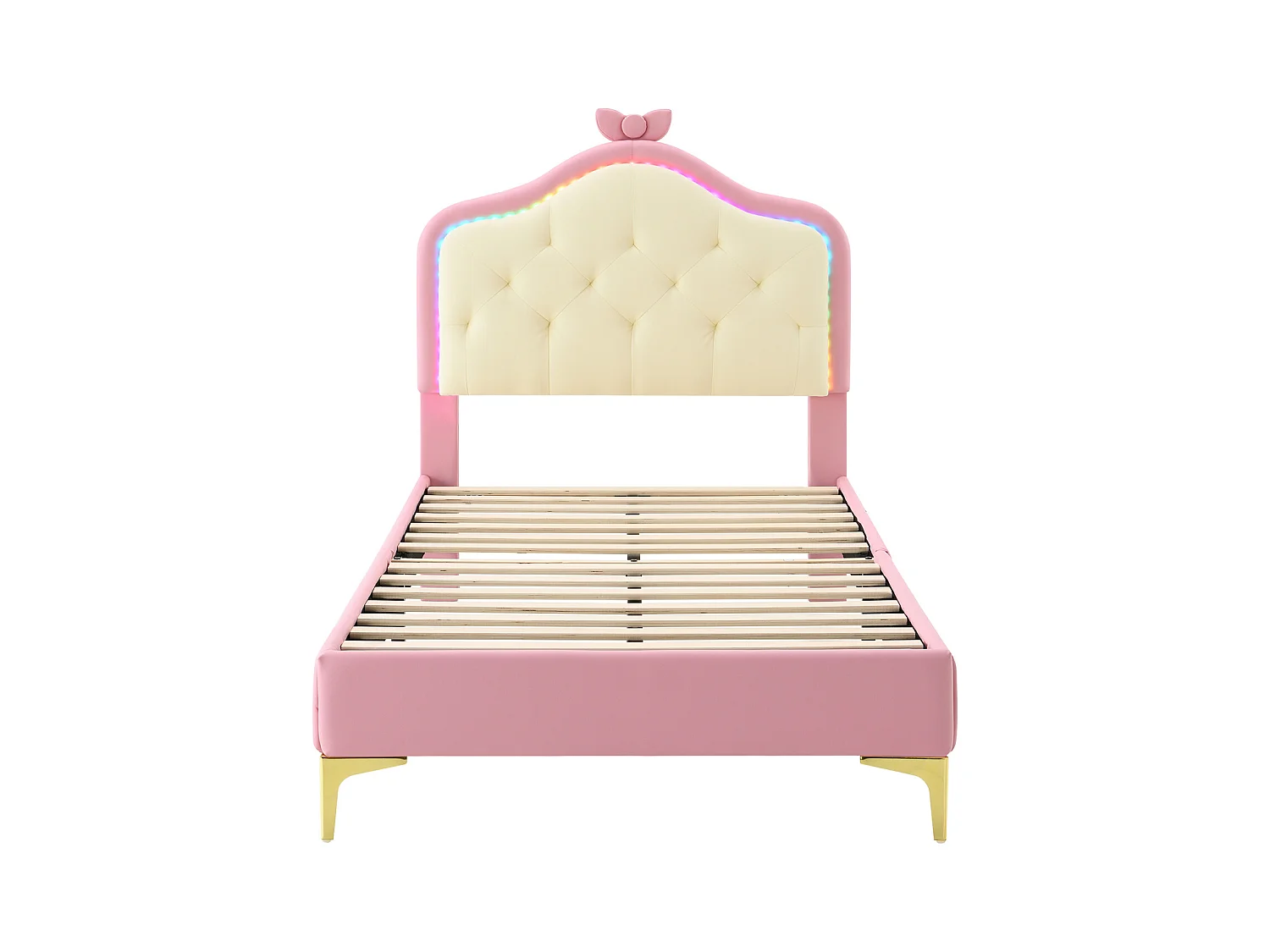 Eenpersoonsbed 90x200cm, PU gestoffeerd bed met LED-strips in verschillende kleuren, lattenbodem en golfvormig hoofdbord met trekpunt, roze