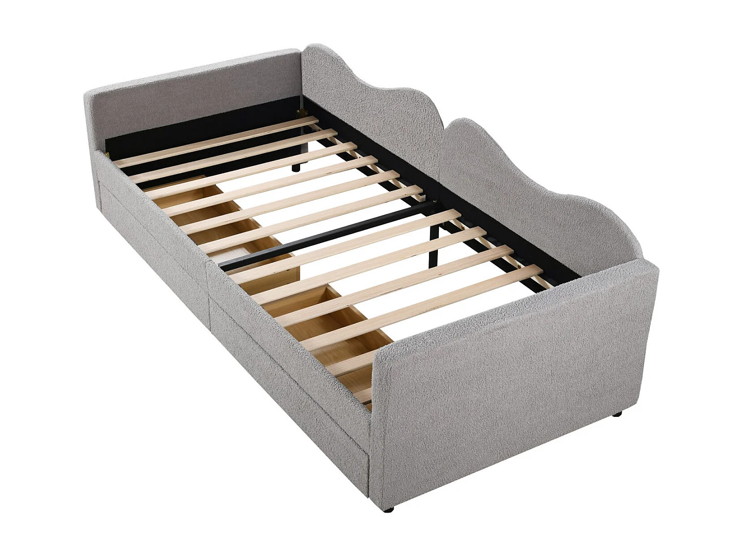Lit simple 90x200cm, canapé-lit avec 2 tiroirs et sommier à lattes, en tissu ours en peluche, gris