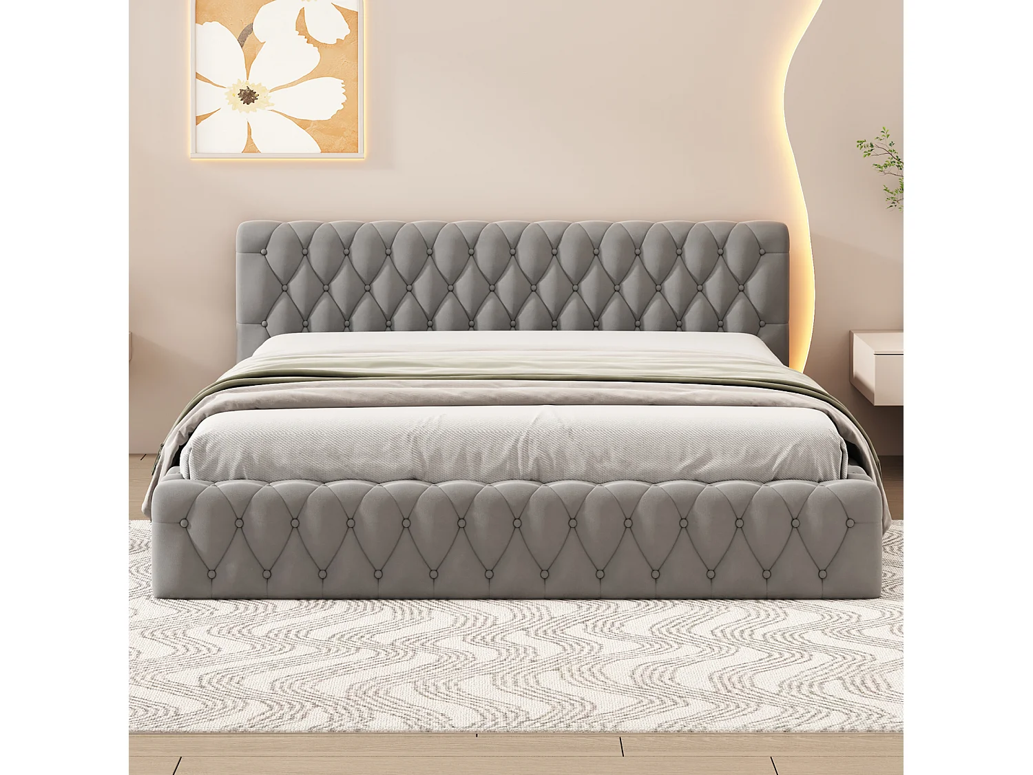 Lit 140x200cm, lit double style scandinave, avec sommier à lattes et tête de lit, sans matelas, tissu velours, gris