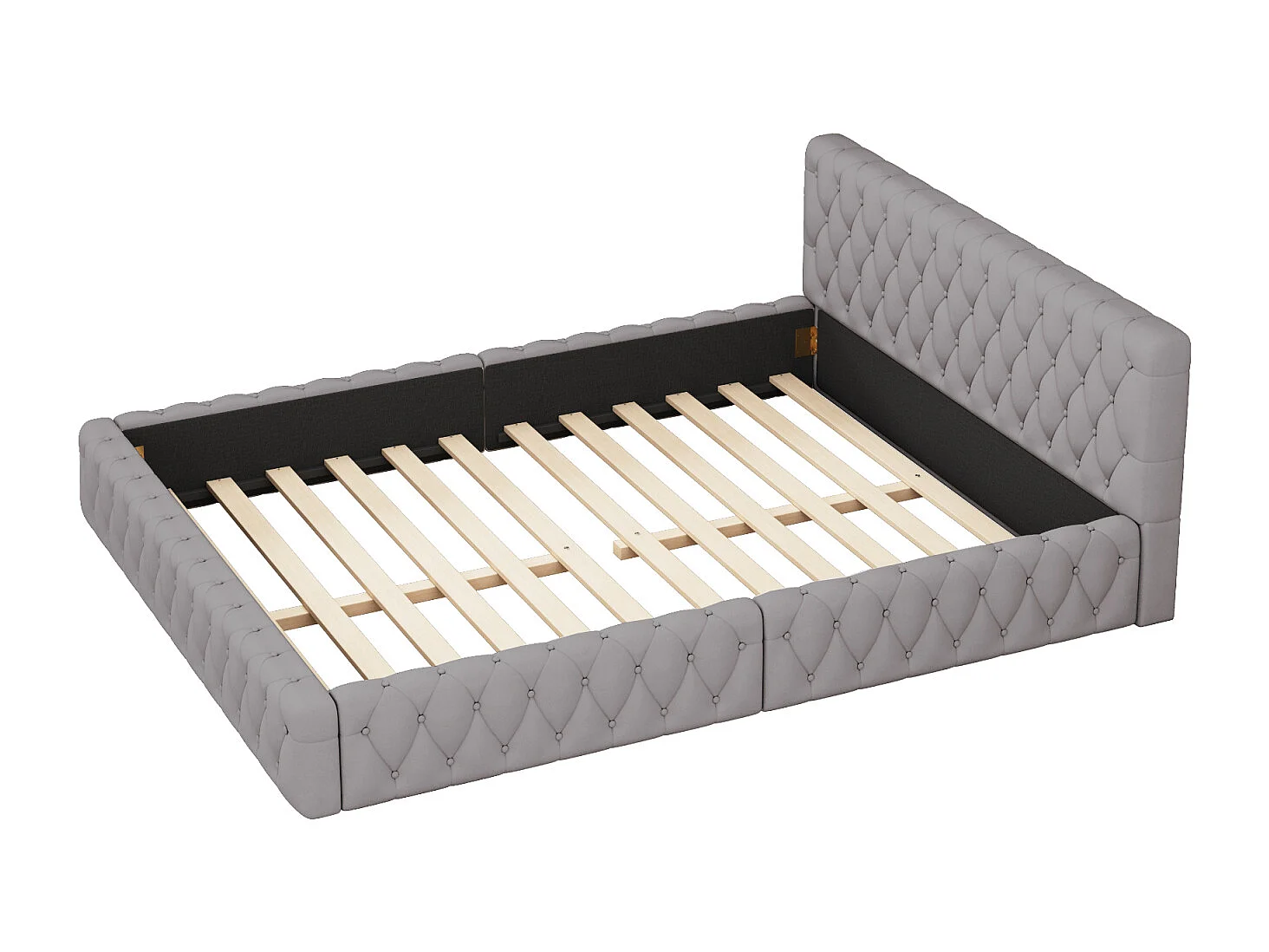 Lit 140x200cm, lit double style scandinave, avec sommier à lattes et tête de lit, sans matelas, tissu velours, gris