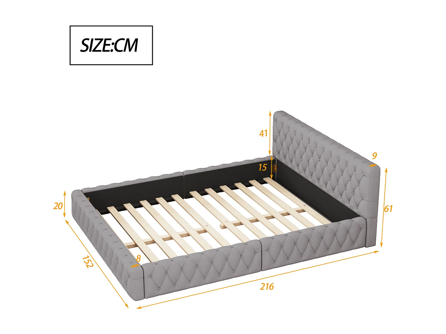 Lit 140x200cm, lit double style scandinave, avec sommier à lattes et tête de lit, sans matelas, tissu velours, gris