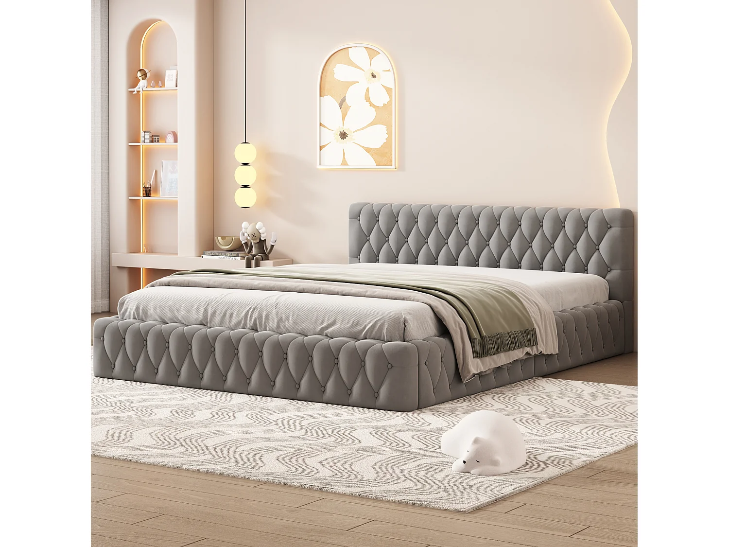 Lit 140x200cm, lit double style scandinave, avec sommier à lattes et tête de lit, sans matelas, tissu velours, gris