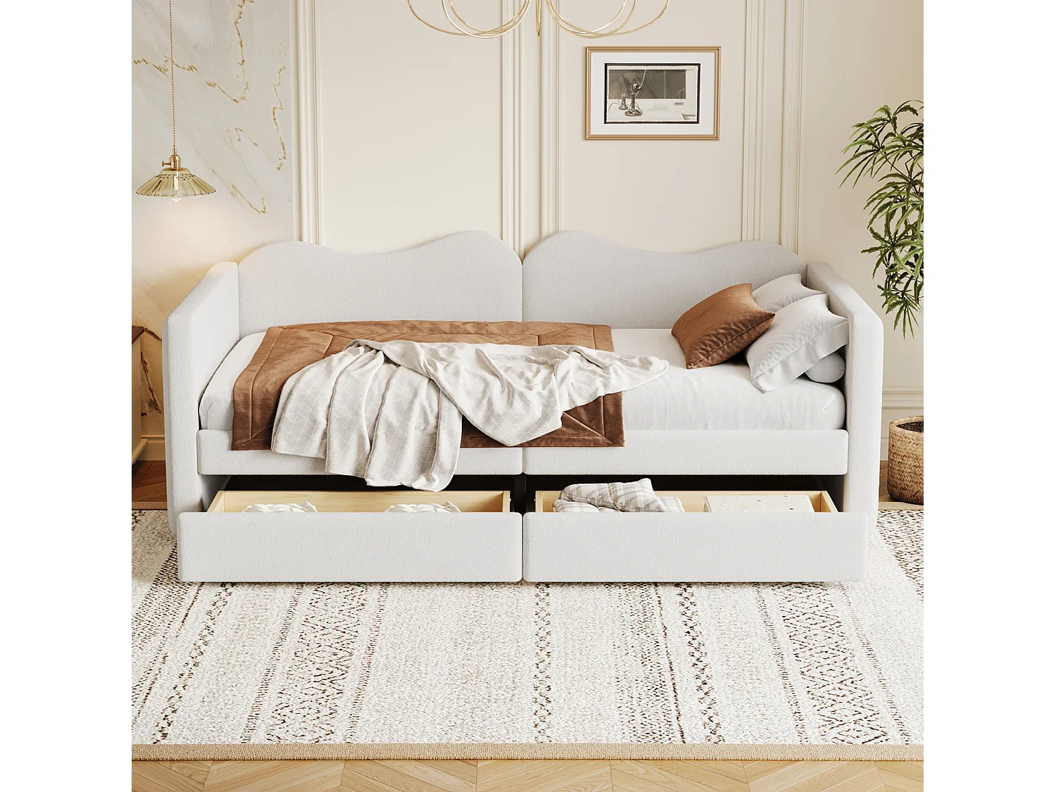 Lit simple 90x200cm, canapé-lit avec 2 tiroirs et sommier à lattes, en tissu ours en peluche, blanc