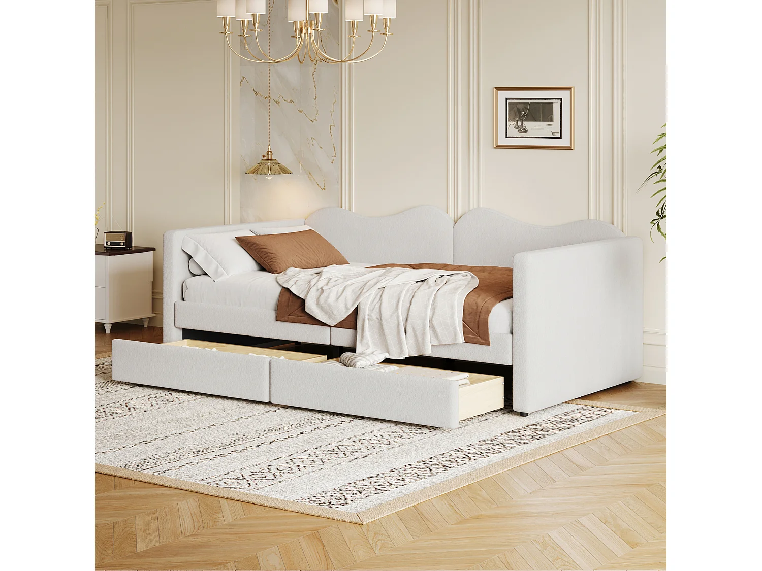 Lit simple 90x200cm, canapé-lit avec 2 tiroirs et sommier à lattes, en tissu ours en peluche, blanc