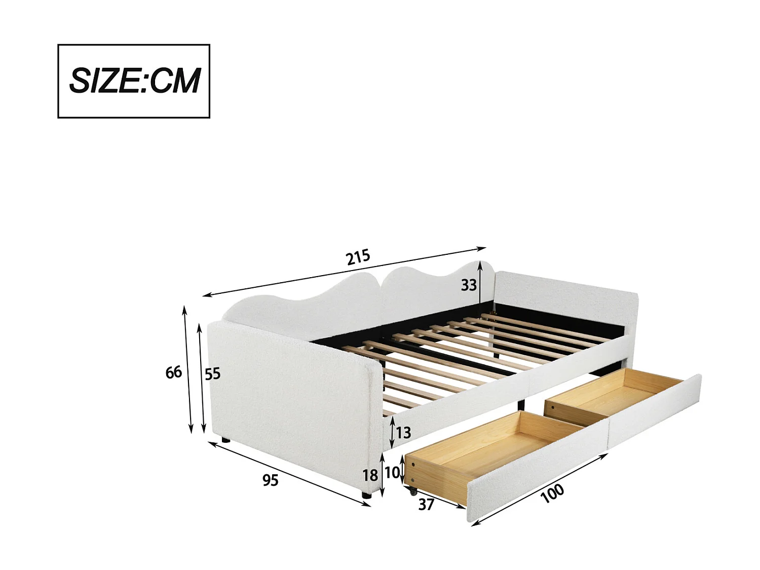 Lit simple 90x200cm, canapé-lit avec 2 tiroirs et sommier à lattes, en tissu ours en peluche, blanc