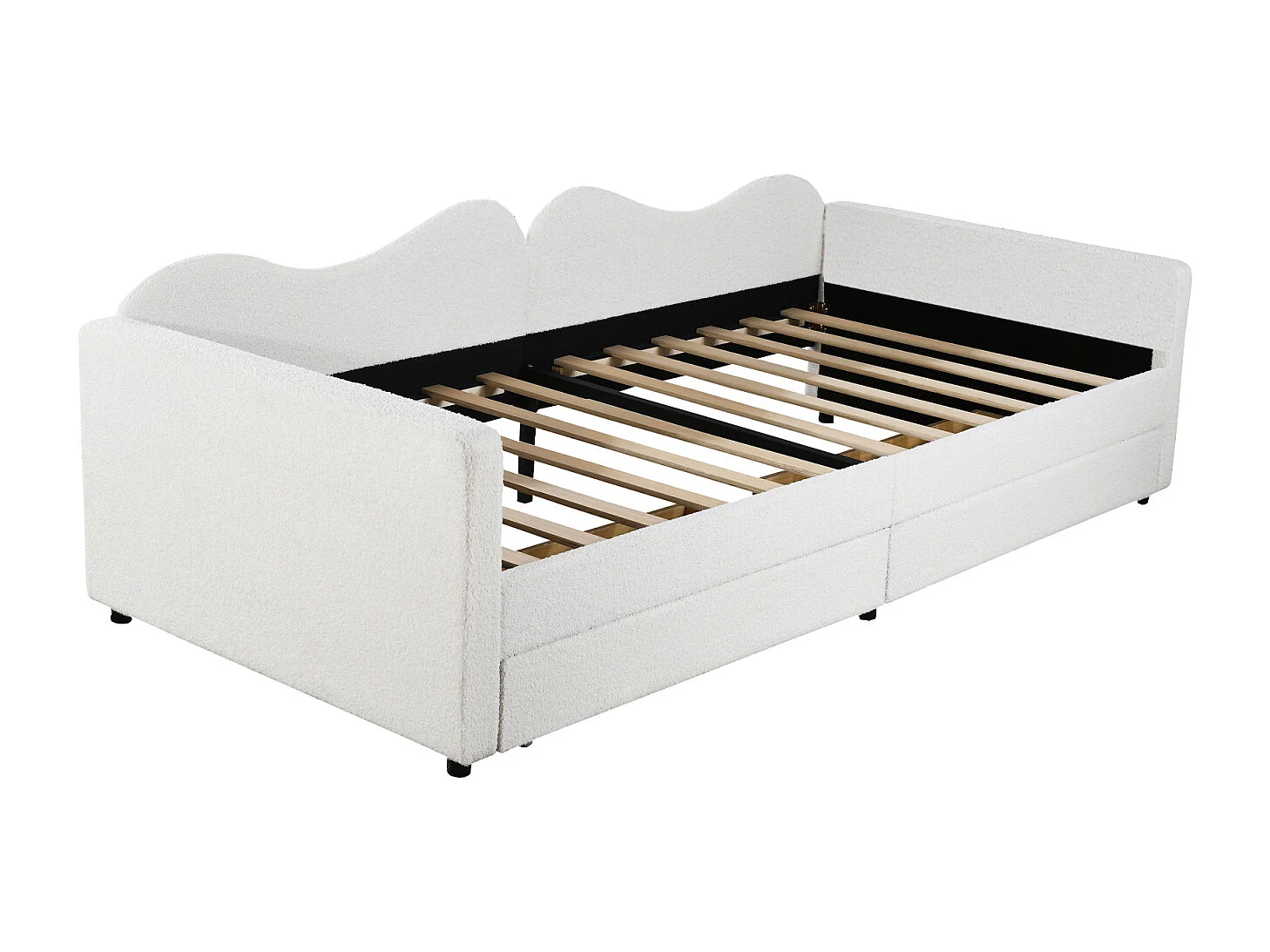 Lit simple 90x200cm, canapé-lit avec 2 tiroirs et sommier à lattes, en tissu ours en peluche, blanc