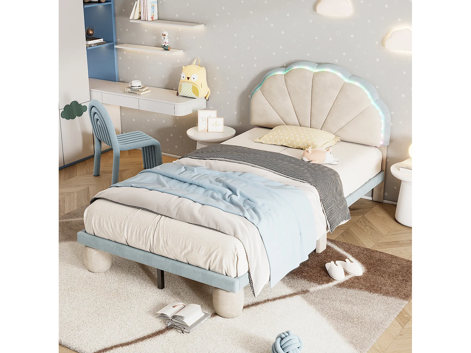Lit simple d'enfant 90x200cm avec bandes lumineuses LED, lit plat velours avec sommier à lattes et tête de lit ondulée, beige+bleu