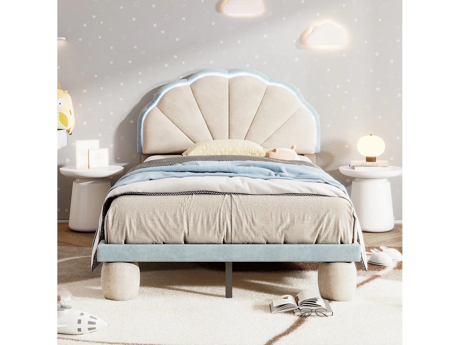 Lit simple d'enfant 90x200cm avec bandes lumineuses LED, lit plat velours avec sommier à lattes et tête de lit ondulée, beige+bleu