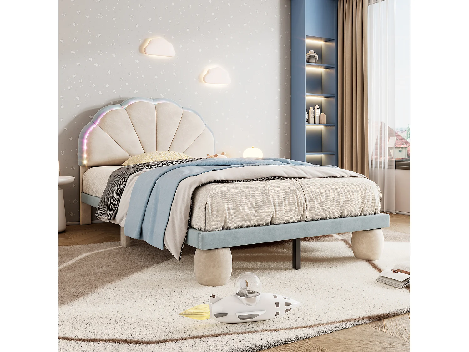 Lit simple d'enfant 90x200cm avec bandes lumineuses LED, lit plat velours avec sommier à lattes et tête de lit ondulée, beige+bleu