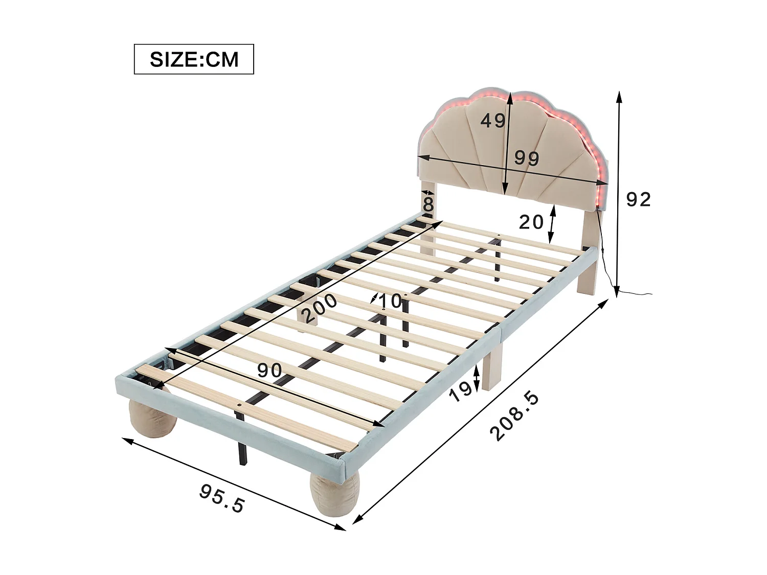 Lit simple d'enfant 90x200cm avec bandes lumineuses LED, lit plat velours avec sommier à lattes et tête de lit ondulée, beige+bleu