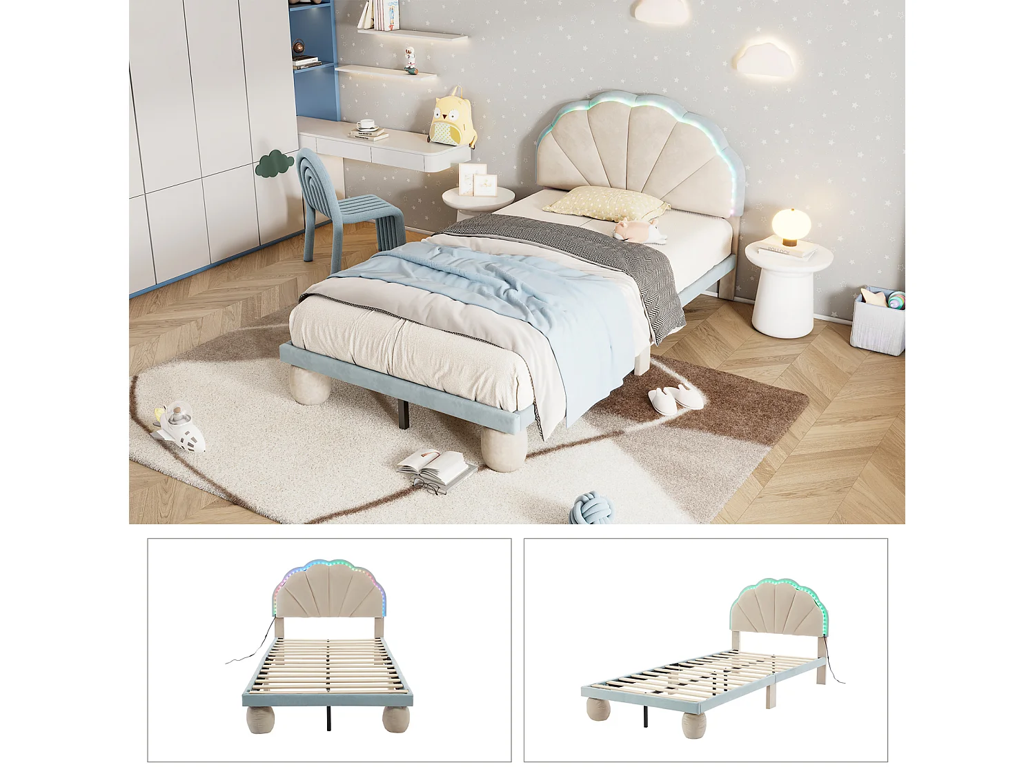 Lit simple d'enfant 90x200cm avec bandes lumineuses LED, lit plat velours avec sommier à lattes et tête de lit ondulée, beige+bleu