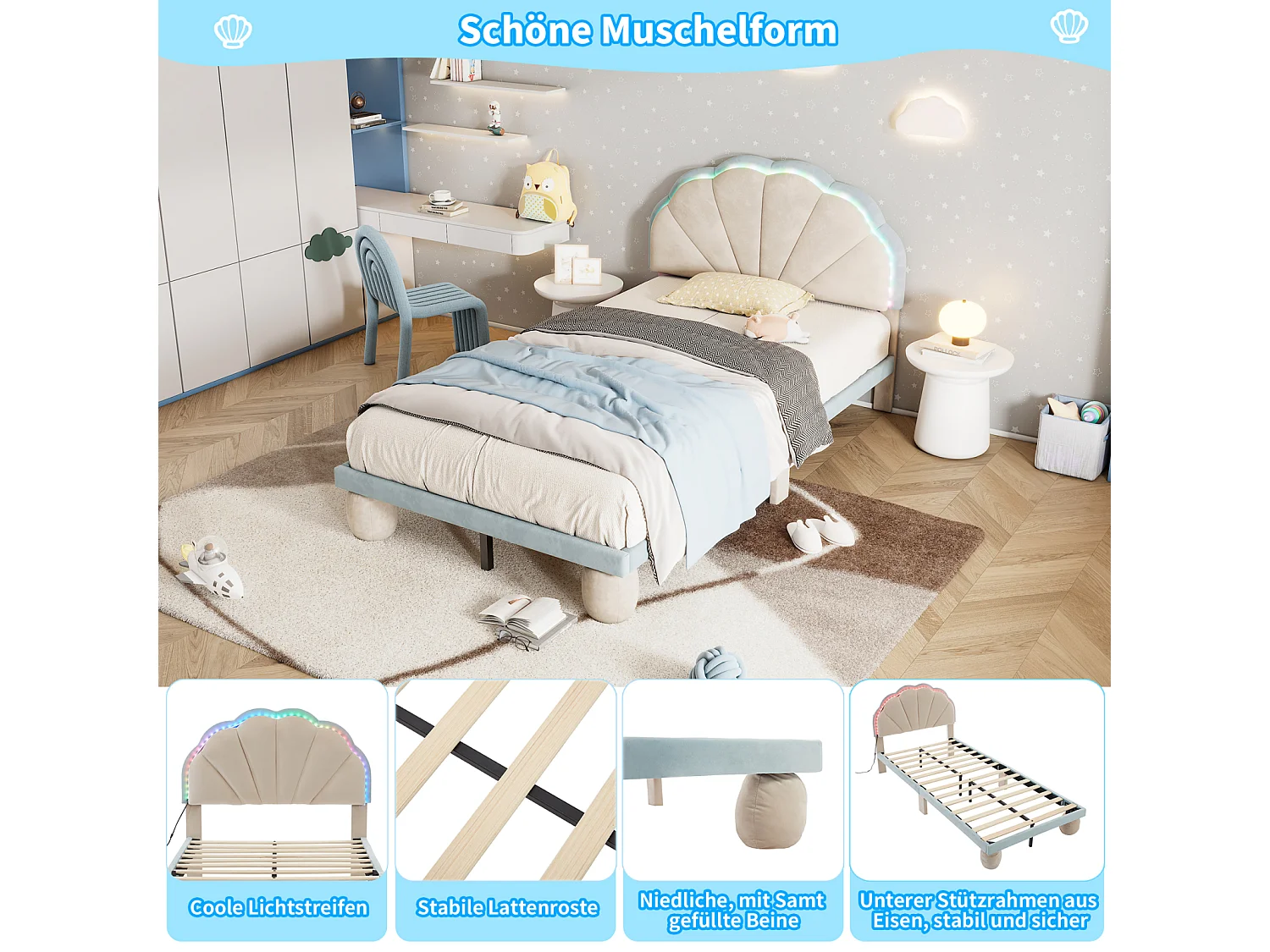 Lit simple d'enfant 90x200cm avec bandes lumineuses LED, lit plat velours avec sommier à lattes et tête de lit ondulée, beige+bleu