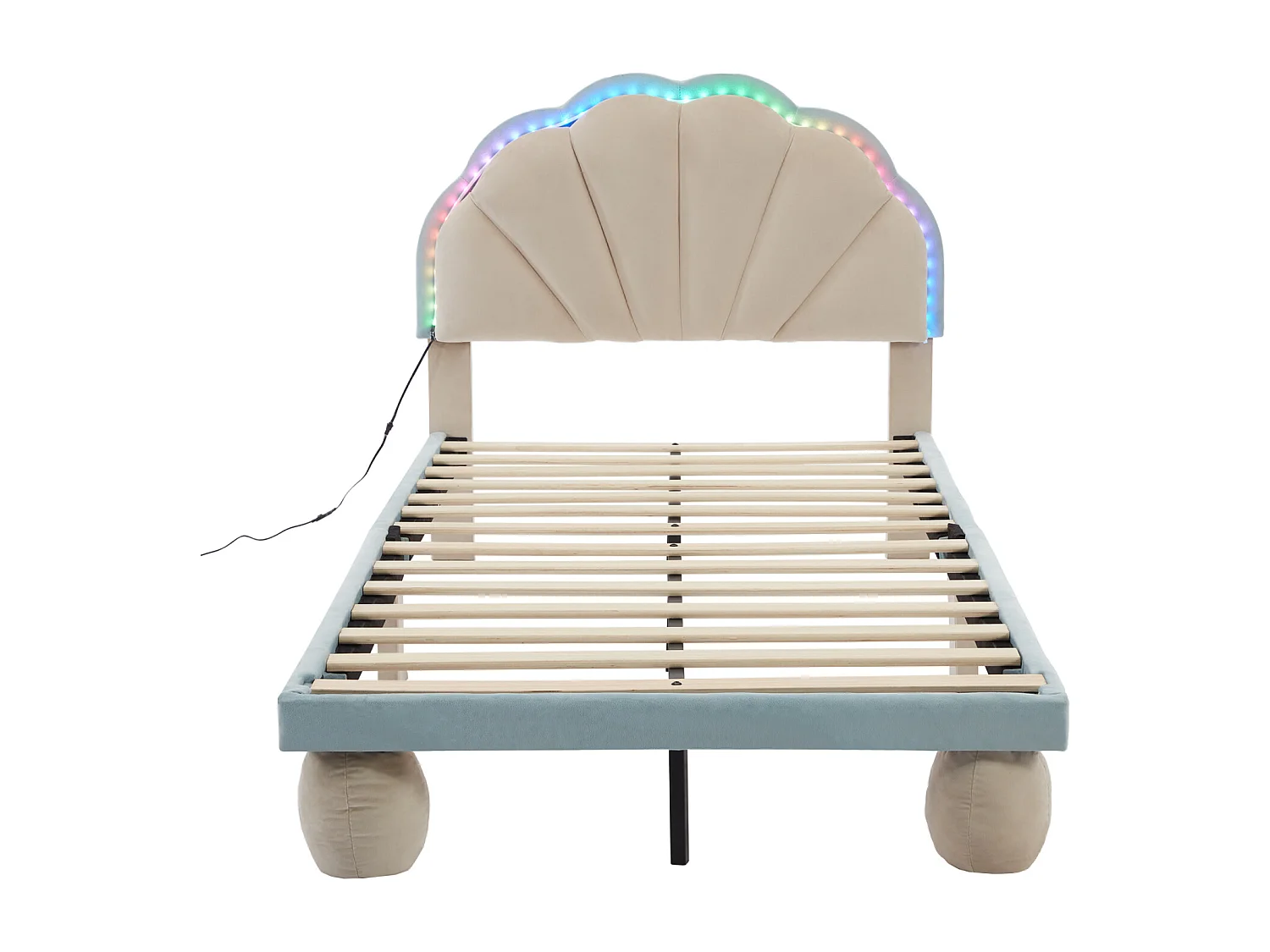 Lit simple d'enfant 90x200cm avec bandes lumineuses LED, lit plat velours avec sommier à lattes et tête de lit ondulée, beige+bleu