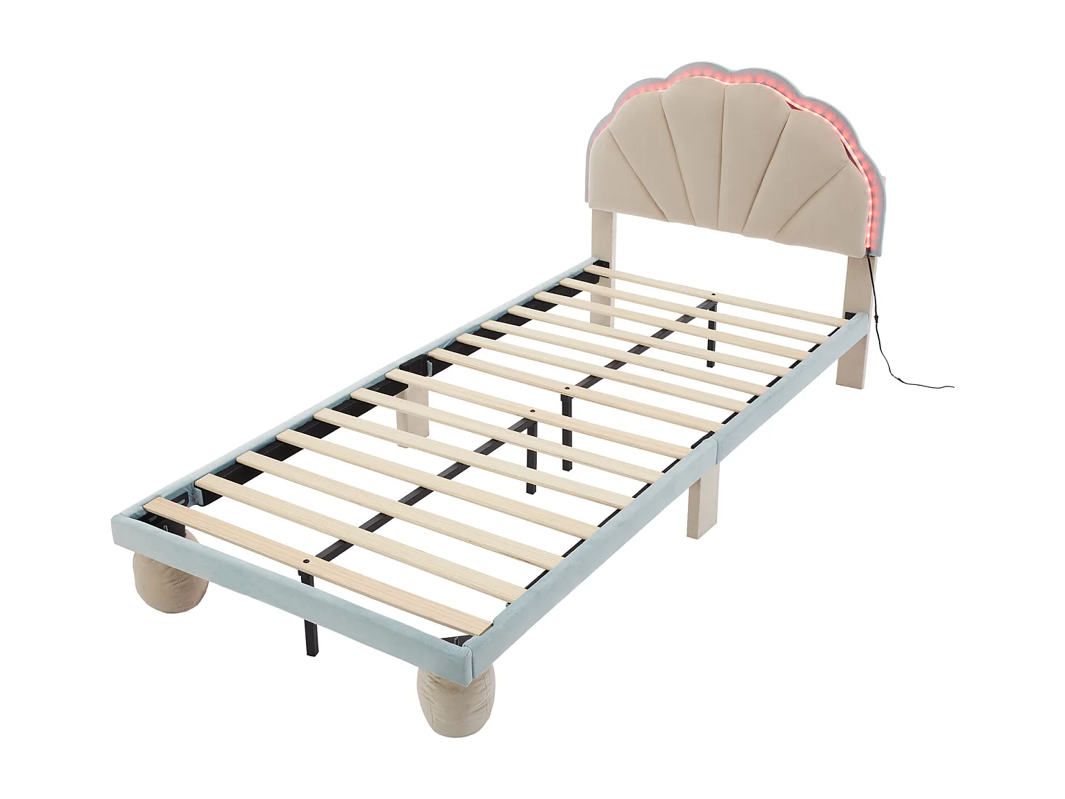 Lit simple d'enfant 90x200cm avec bandes lumineuses LED, lit plat velours avec sommier à lattes et tête de lit ondulée, beige+bleu