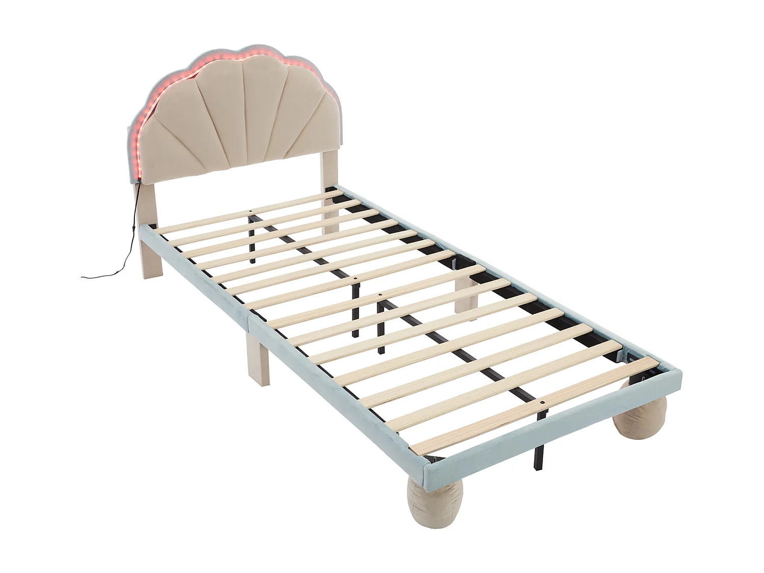 Lit simple d'enfant 90x200cm avec bandes lumineuses LED, lit plat velours avec sommier à lattes et tête de lit ondulée, beige+bleu