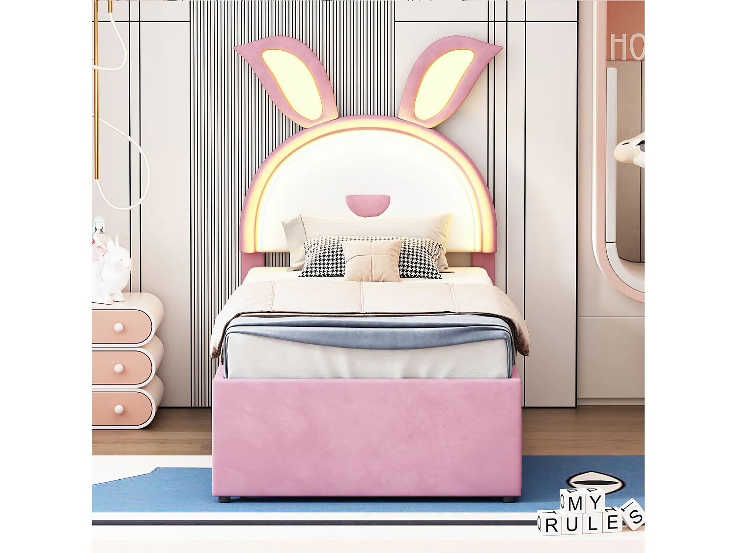 Letto estraibile 90x200+90x190cm, letto per bambini rivestito in velluto, con cassetto contenitore, testiera LED con orecchie di coniglio, rosa