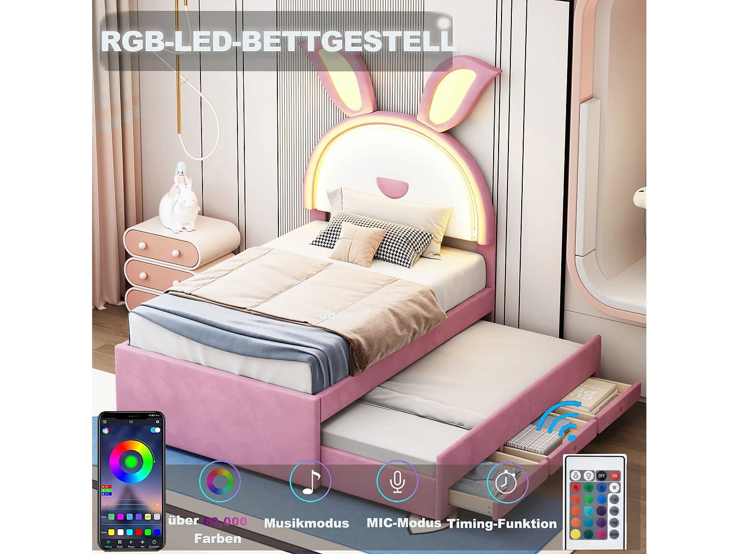 Letto estraibile 90x200+90x190cm, letto per bambini rivestito in velluto, con cassetto contenitore, testiera LED con orecchie di coniglio, rosa