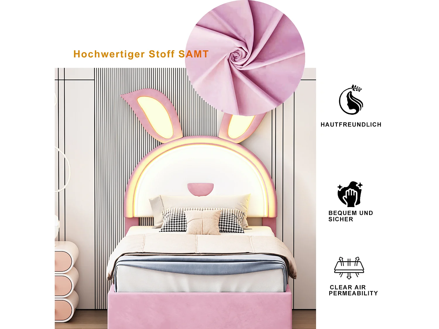 Letto estraibile 90x200+90x190cm, letto per bambini rivestito in velluto, con cassetto contenitore, testiera LED con orecchie di coniglio, rosa