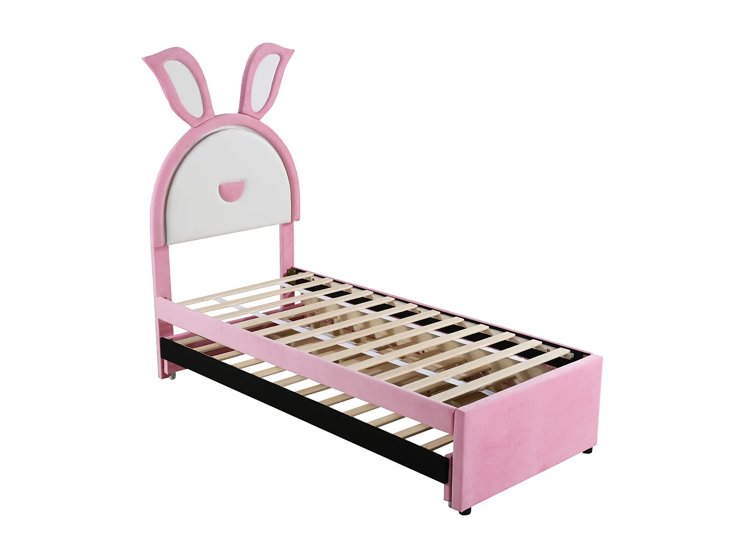 Letto estraibile 90x200+90x190cm, letto per bambini rivestito in velluto, con cassetto contenitore, testiera LED con orecchie di coniglio, rosa