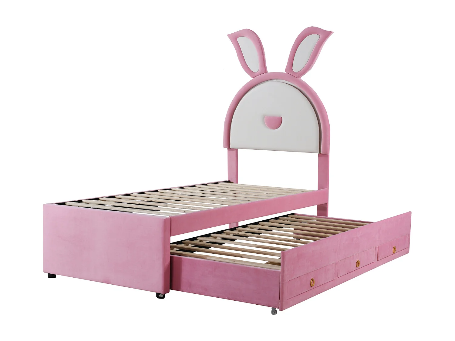 Letto estraibile 90x200+90x190cm, letto per bambini rivestito in velluto, con cassetto contenitore, testiera LED con orecchie di coniglio, rosa