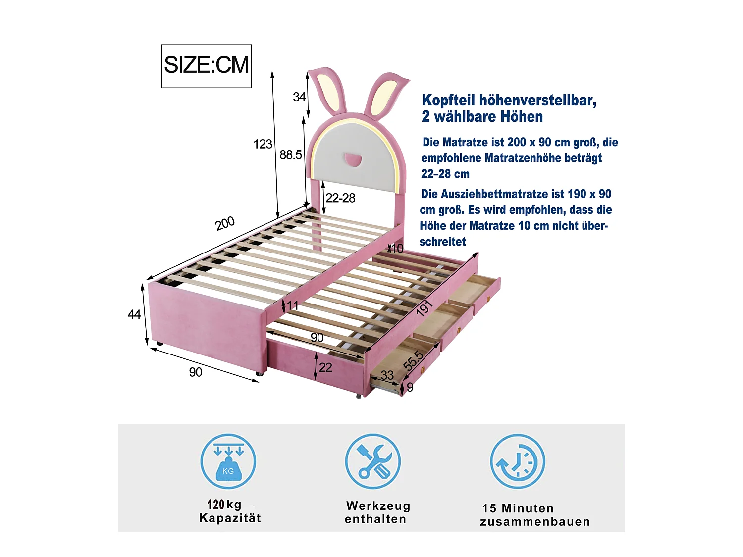 Cama nido 90x200+90x190cm, cama infantil tapizada en tela de terciopelo, con cajón de almacenaje, cabecero LED con orejas de conejo, color rosa