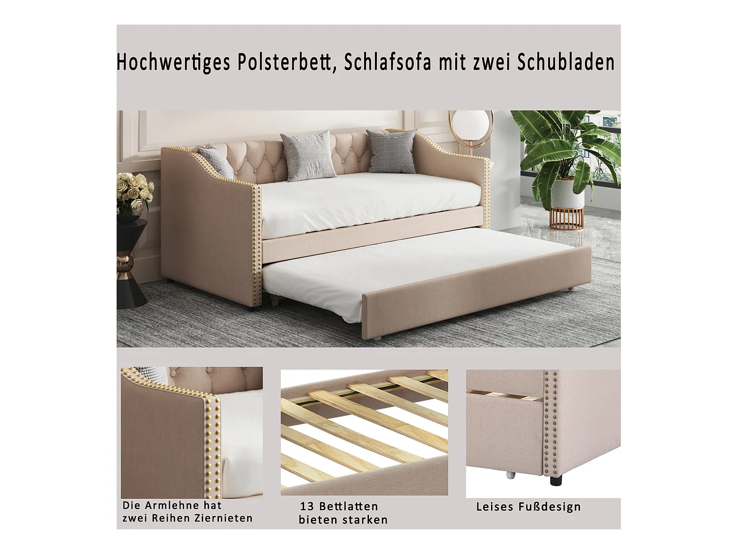 onderschuifbed 90x200cm, slaapbank, 2-zits slaapbank, lattenbodems, moderne slaapbank - Beige