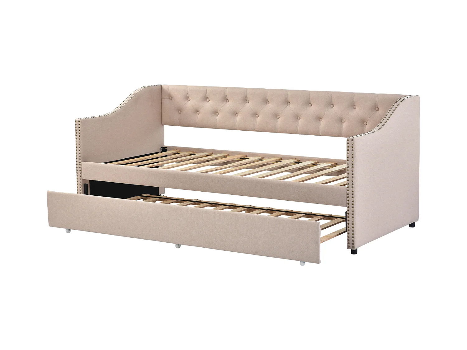 lit gigogne 90x200cm, canapé-lit, lit banquette 2 places, sommiers à lattes, canapé lit convertible style moderne - Beige