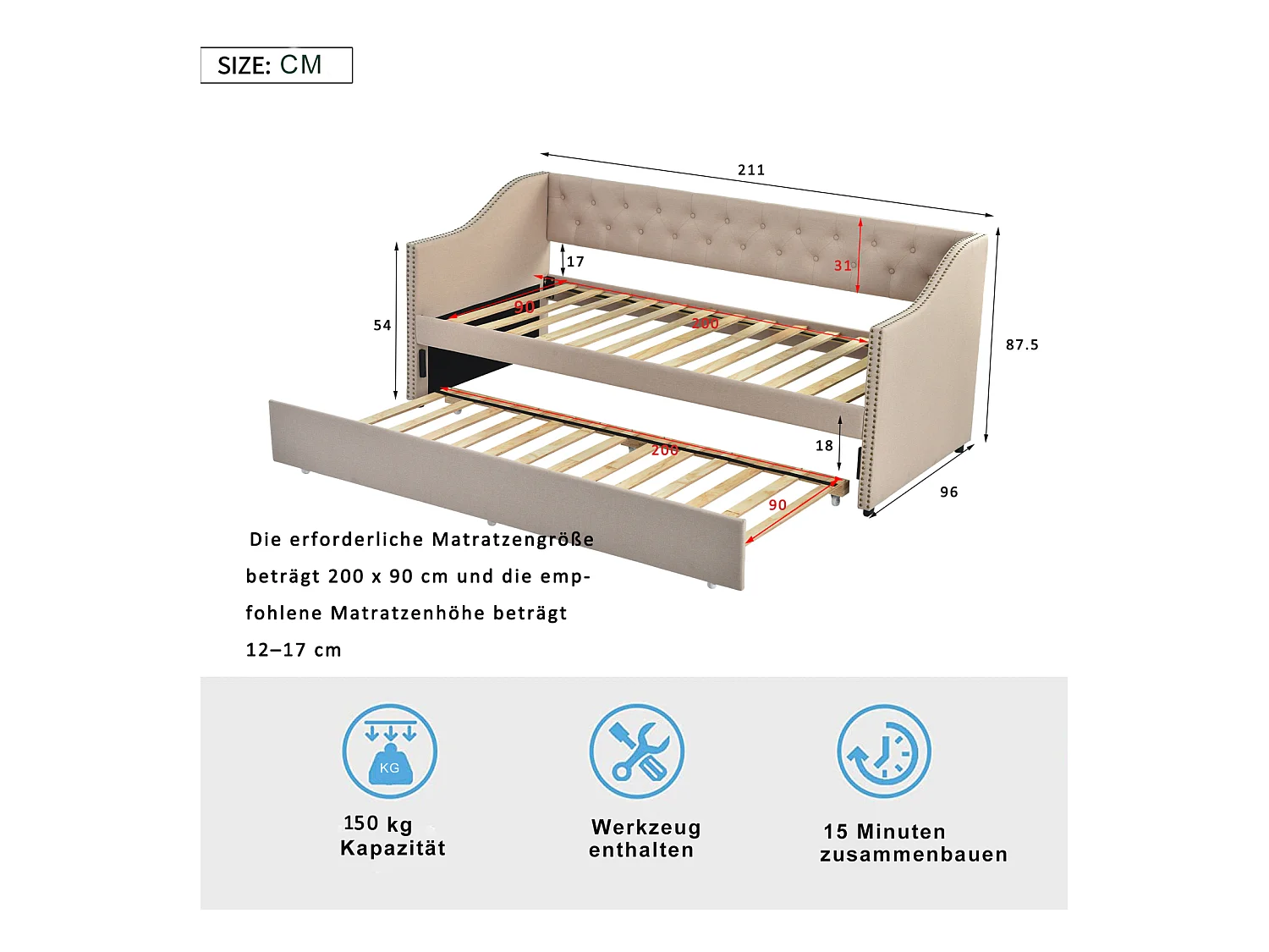 lit gigogne 90x200cm, canapé-lit, lit banquette 2 places, sommiers à lattes, canapé lit convertible style moderne - Beige