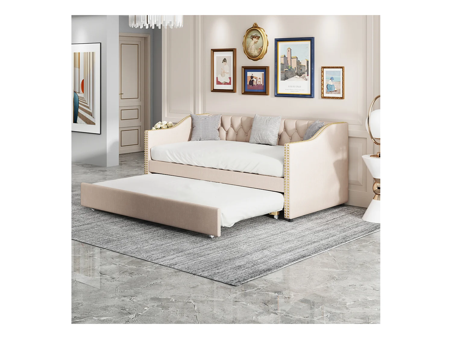 lit gigogne 90x200cm, canapé-lit, lit banquette 2 places, sommiers à lattes, canapé lit convertible style moderne - Beige
