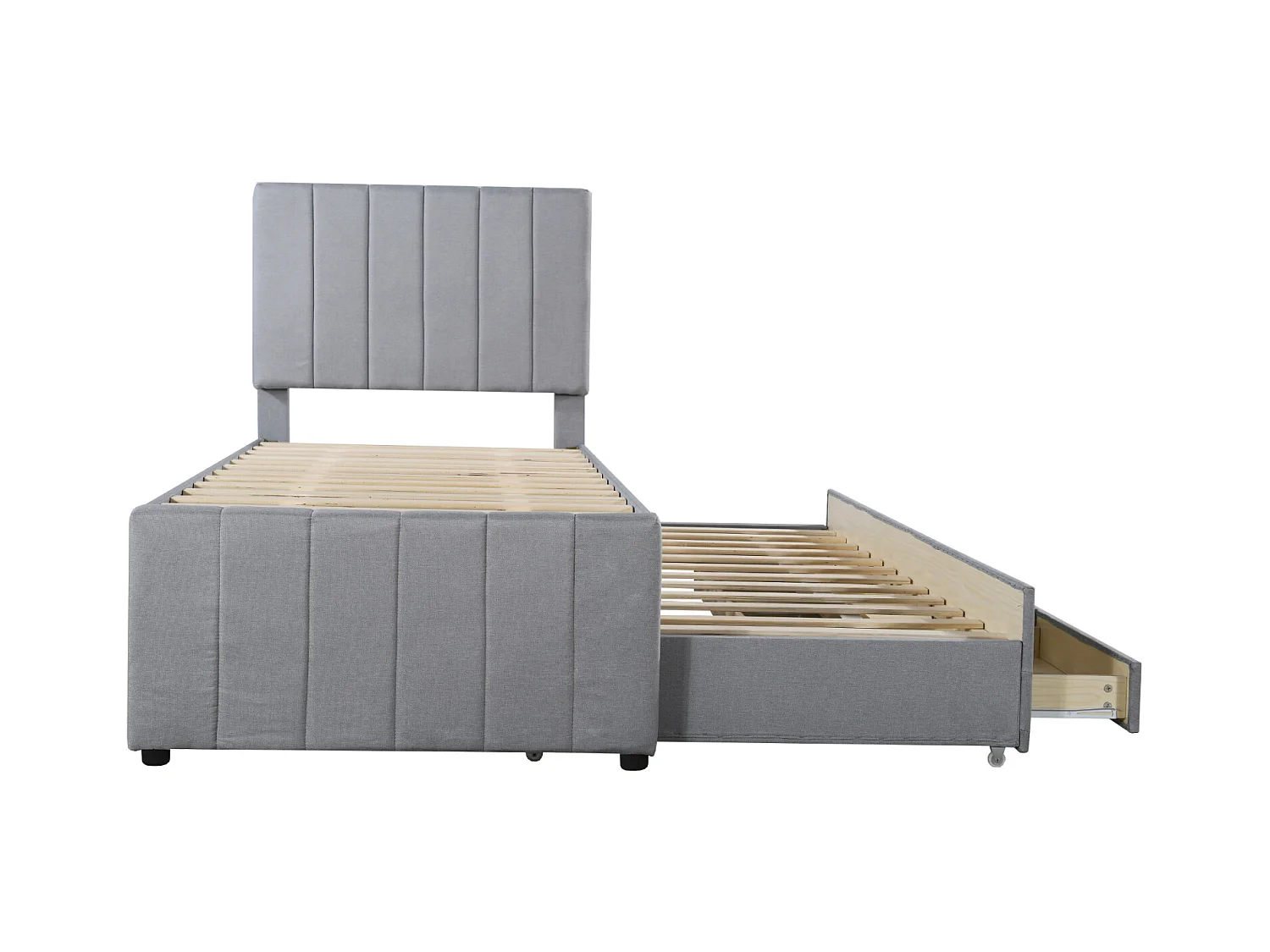 Uitschuifbed 90x200cm+90x190cm, bed op wielen met 3 lades, gestoffeerd linnen bed, voor kinderen en jongeren, grijs