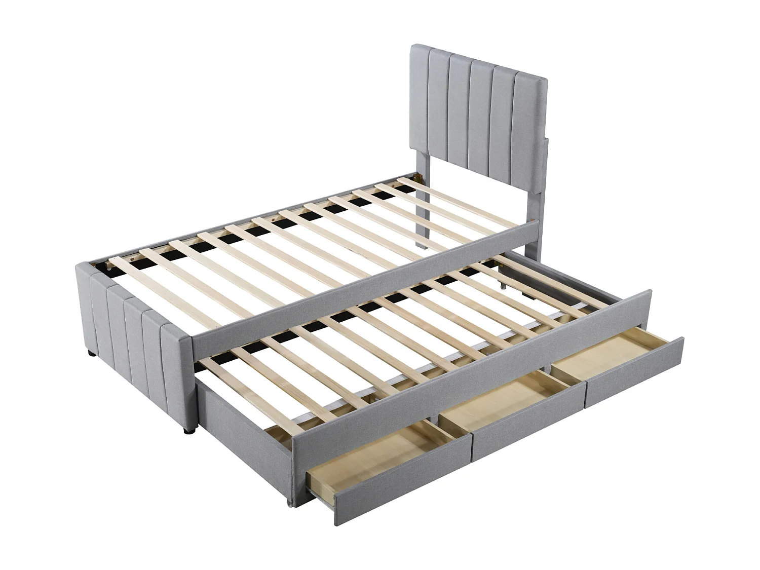 Uitschuifbed 90x200cm+90x190cm, bed op wielen met 3 lades, gestoffeerd linnen bed, voor kinderen en jongeren, grijs