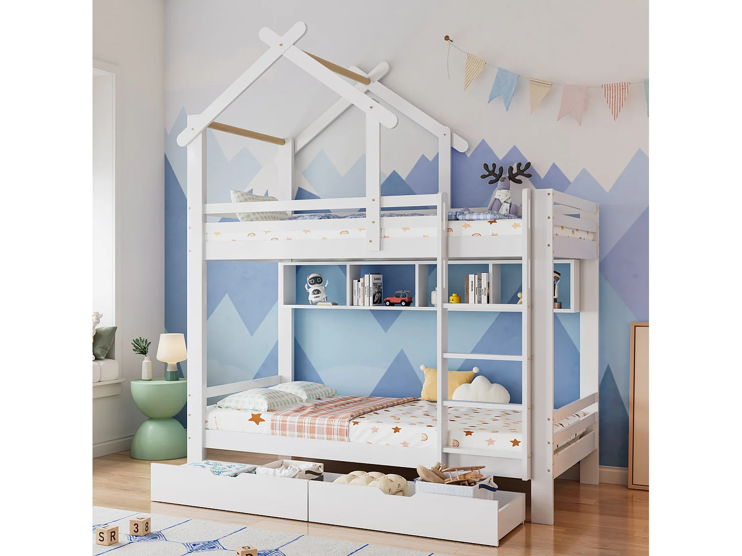 Letto a castello 90x200cm, letto a soppalco con scaletta a destra, anticaduta, barriera protettiva, struttura in legno di pino, bianco