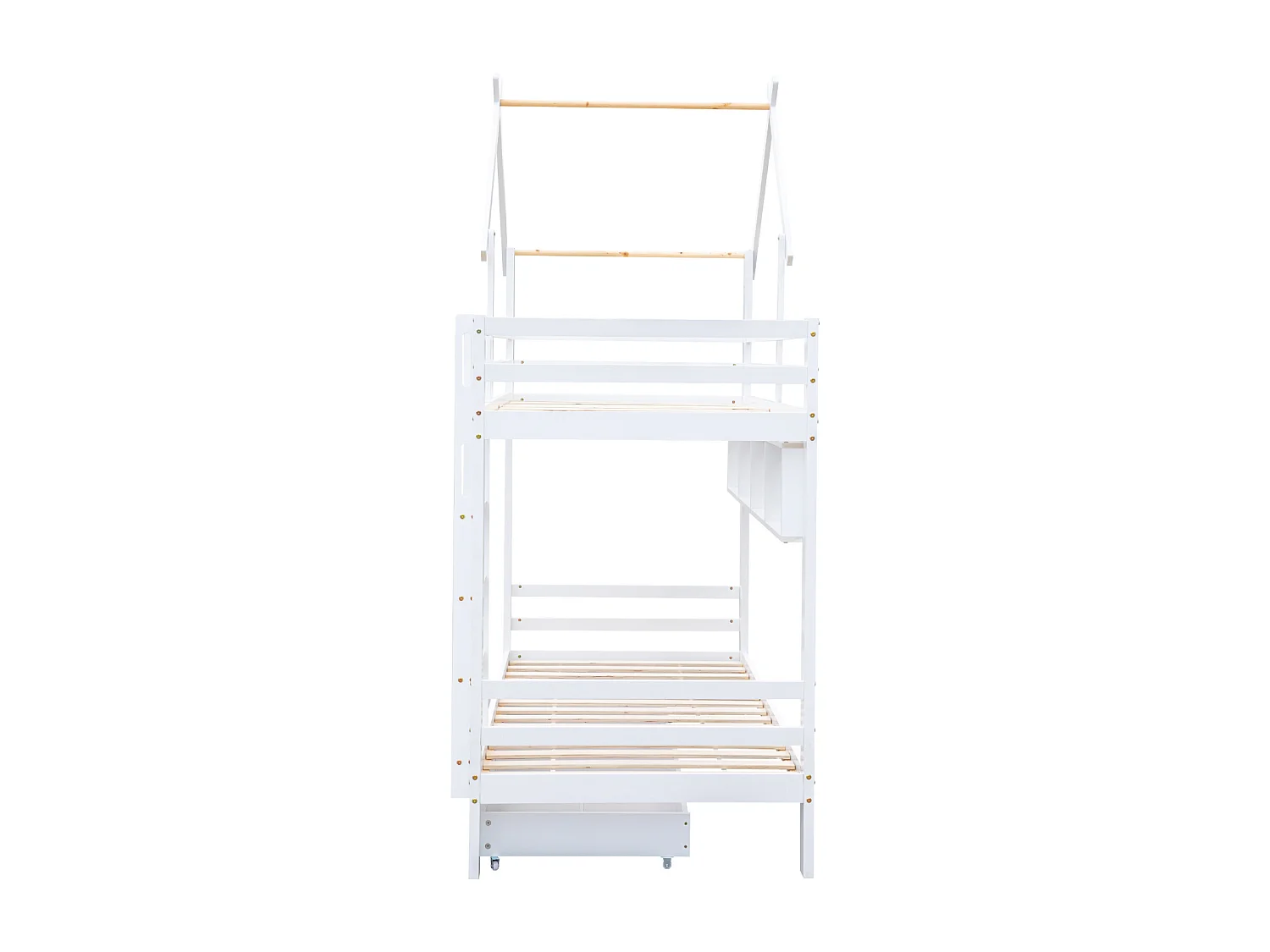 Letto a castello 90x200cm, letto a soppalco con scaletta a destra, anticaduta, barriera protettiva, struttura in legno di pino, bianco