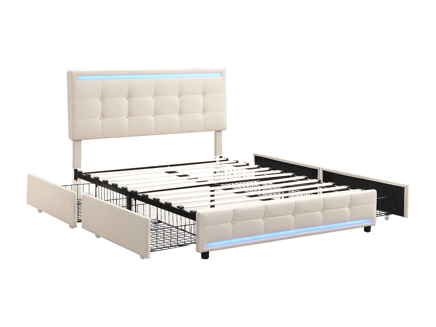 Lit adulte 140x200cm, lit double avec 4 tiroirs, sommier à lattes, tête de litavec LED et 2 stations de recharge USB, lin, beige