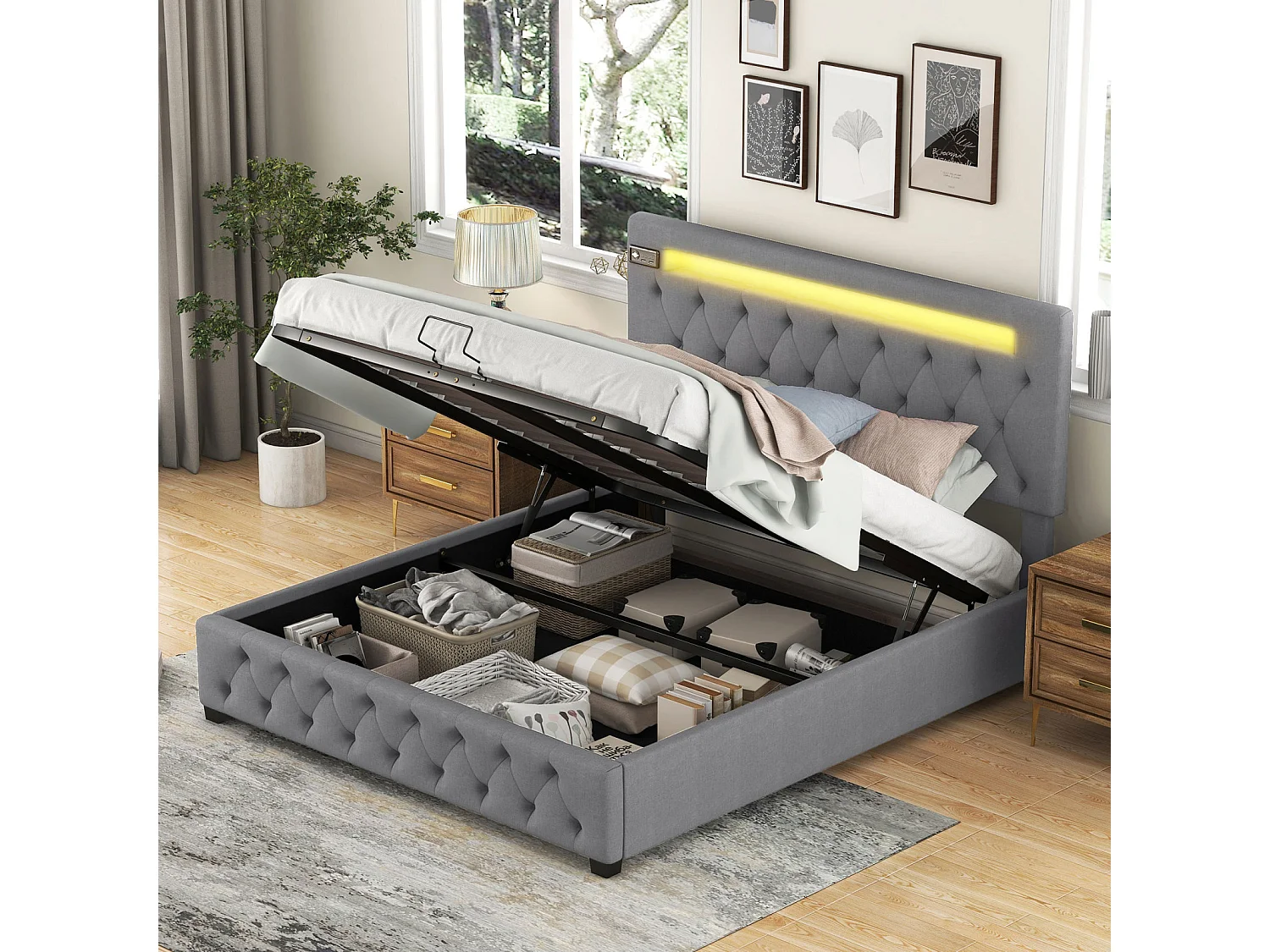 Lit coffre 140x200cm - lit double avec sommier à lattes en bois et tête de lit LED réglable avec recharge USB - gris